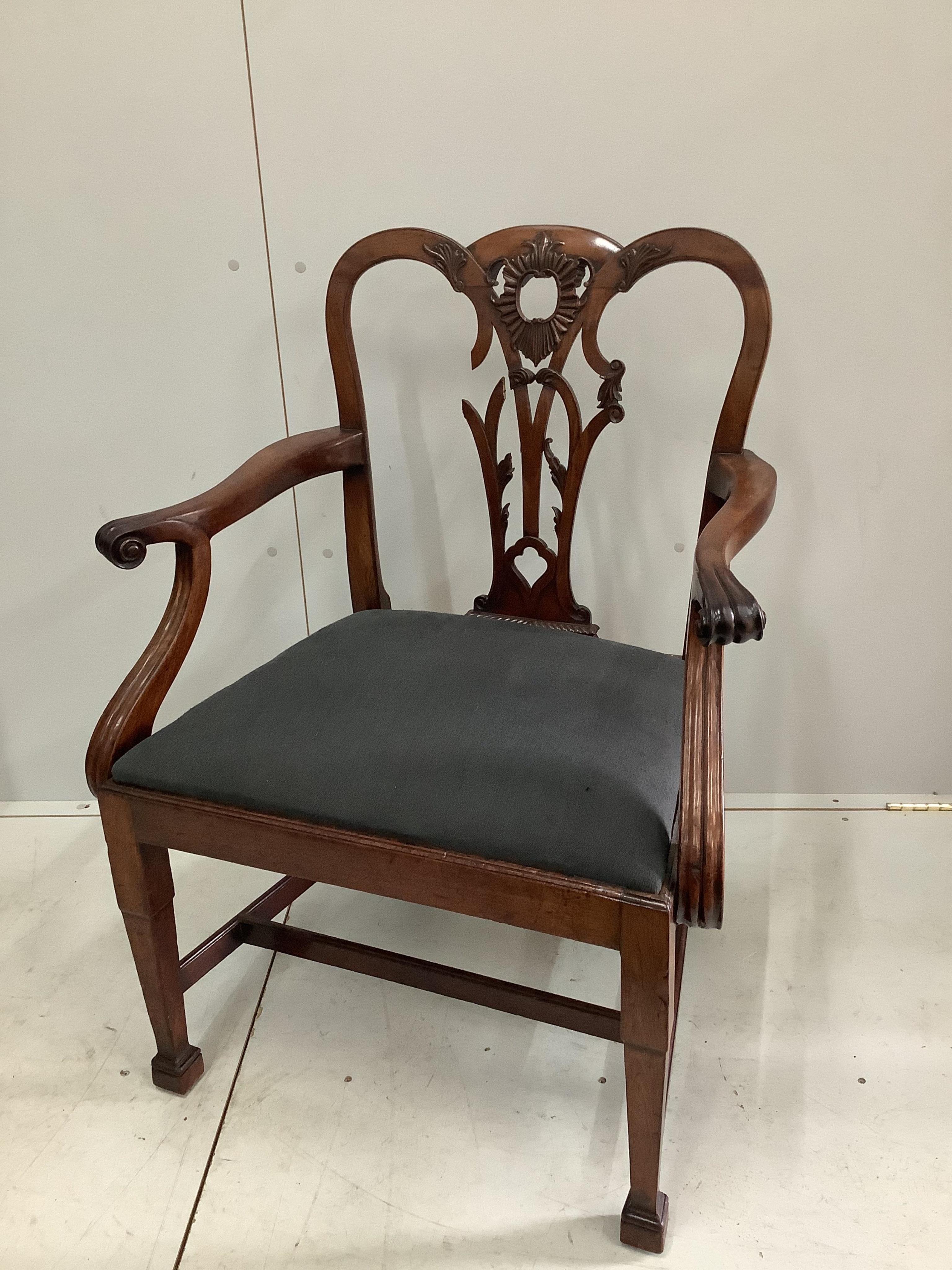 A George III mahogany elbow chair, width 71cm, depth 50cm, height 96cm. Condition - poor. , Provenance: Patrick Sandberg, Kensington and then Bonhams